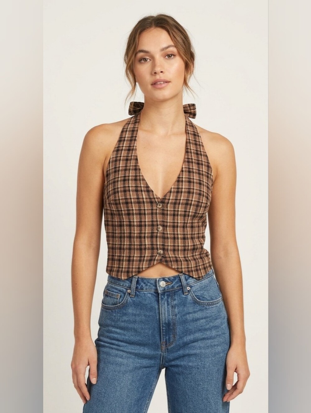 Volcom Brown Plaid Halter Button-Front Crop Top